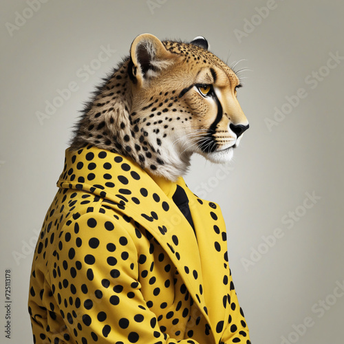 Stylish cheetah wearing yellow jacket. Monochrome fashion sketch. photo