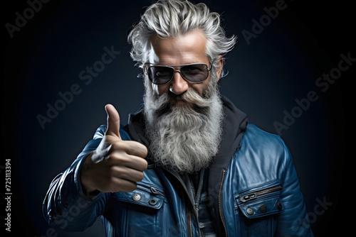 elderly fashionable bearded man showing thumb ok sign