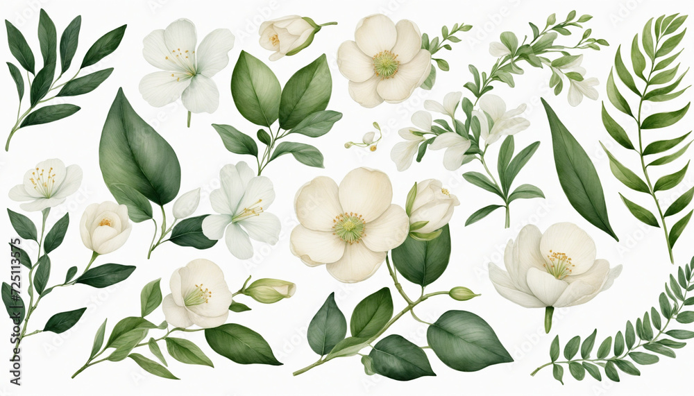 Watercolor collection of white flowers and green leaves on a white background