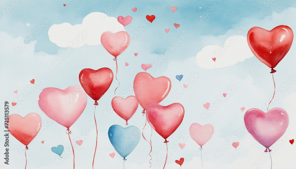 Valentine's Day Watercolor Heart-Shaped Balloons on White Background