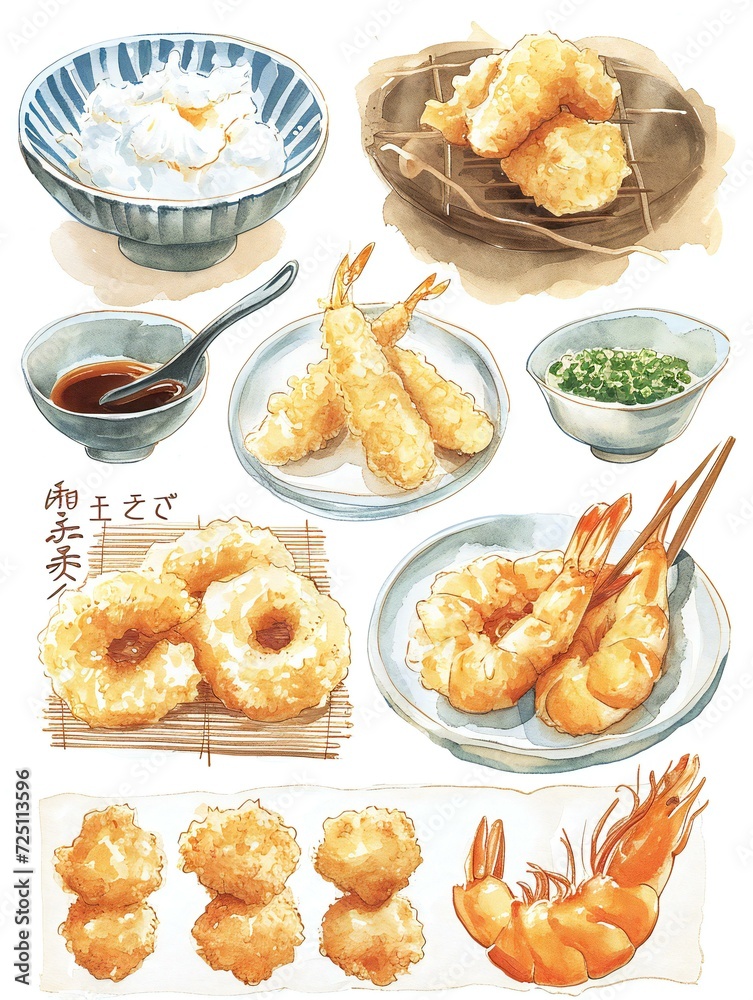 Assorted Tempura Varieties and Ingredients Illustration Assorted Tempura Varieties and Ingredients Illustration