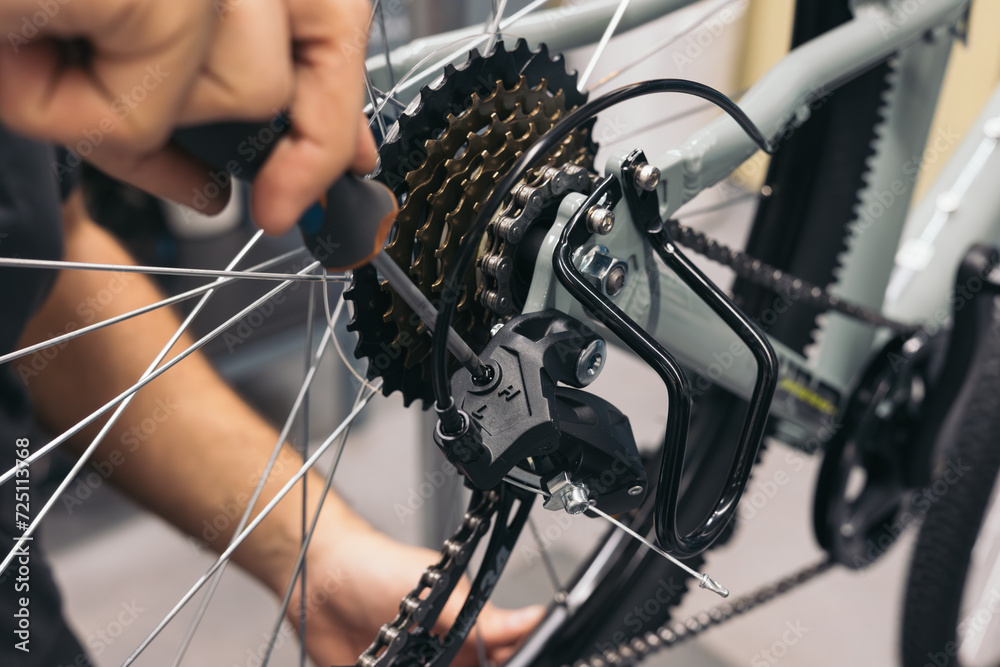 Obraz premium closeup mechanic hand adjusting bike gears with screwdriver