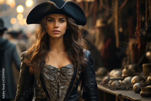 Female pirate ancient times, sea, ocean, ship, hat, saber, woman girl lady beautiful pretty cute dressed elegance, old time, maritime robbery.