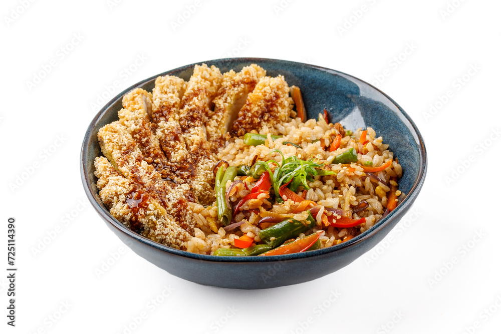 Hibachi rice with chicken schnitzel on a white background studio food photo 3