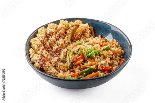 Hibachi rice with chicken schnitzel on a white background studio food photo 3