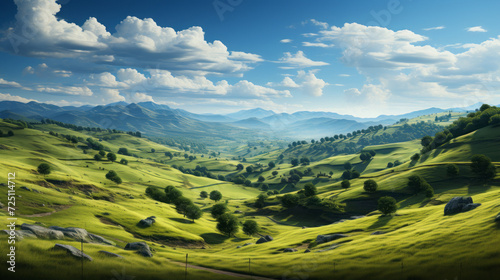 Captivating Nature's Scenery: Idyllic Summer Landscape with Majestic Mountains, Green Hills, and Serene Countryside under Sunny Skies, generative AI