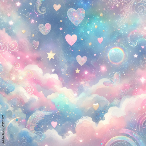Holographic fantasy rainbow unicorn background with clouds and stars. Pastel color sky. Magical landscape, abstract fabulous pattern. Cute candy wallpaper. Kawaii Fantasy Pastel Colorful Sky.
