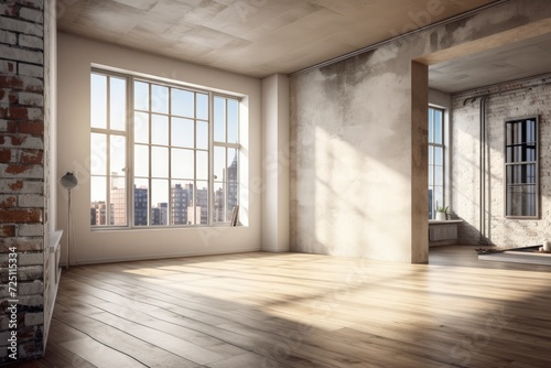 Apartment interior renovations in unfinished bright room with window, brick walls, wooden floor, and mockup area