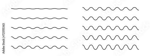 Set of horizontal wavy lines. Simple undulate borders. Sine, water, fluid, air or wind symbols isolated on white background. River, sea, lake or ocean signs. Vector outline illustration.