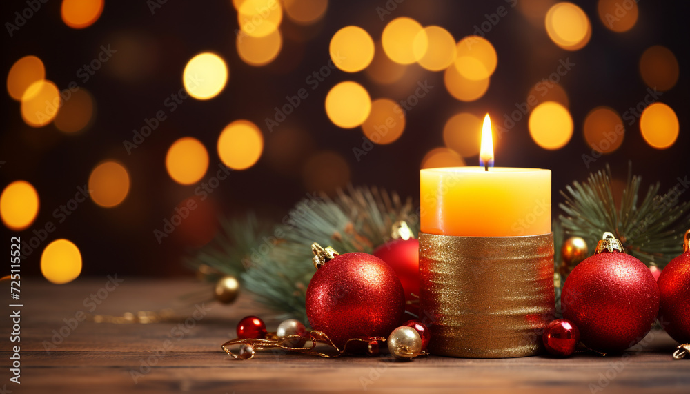 Christmas celebration glowing candle illuminates ornament on winter background generated by AI