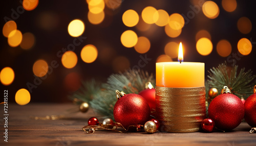 Christmas celebration glowing candle illuminates ornament on winter background generated by AI
