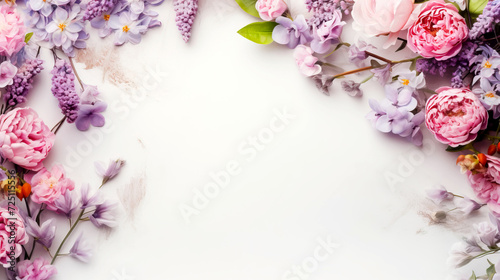 Floral border of first spring flowers for holiday card advertising banner, with space for text. Spring flowers on white marble background. Flat lay, top view, copy space.