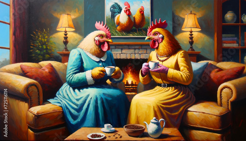 Digital oil painting of two anthropomorphic chicken sitting in the living room and drinking a cup of coffee photo