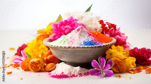 Happy Holi greeting card designed showing Indian traditional sweet and salty food  flowers and powder colours arranged over white background or clay. non toxic holi colours  organic holi colors 