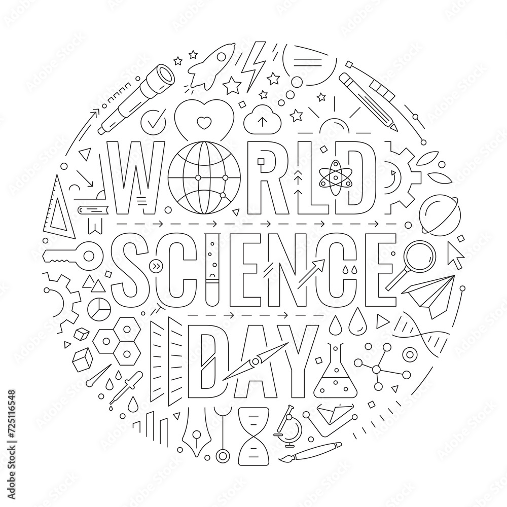 world science day on white background. round world science day and symbols. technical drawing world science day world science day on white background. round world science day and symbols. technical drawing world science day