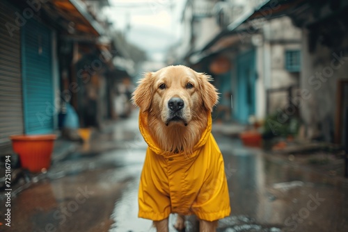 a dog dressed in a raincoat walks down the street