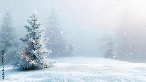 A Winter Wonderland - 3D Render Snow Scene Background with Christmas Tree and Copious Snow Coverage