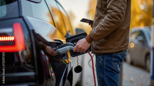 Man holding smartphone while charging car at electric vehicle charging station, closeup