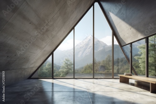 Landscape view, large triangular shaped windows, a vast stone grey empty wall, and a mockup of the interior design