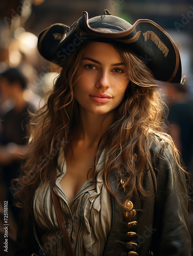 Female pirate ancient times, sea, ocean, ship, hat, saber, woman girl lady beautiful pretty cute dressed elegance, old time, maritime robbery.