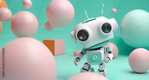 An AI generated image with a cute little robot among flying objects in pastel colors