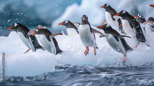Many Gentoo penguins stand on the ice and jump in.