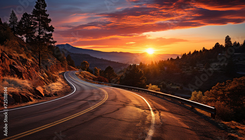 Sunset over mountain landscape, driving on asphalt road generated by AI