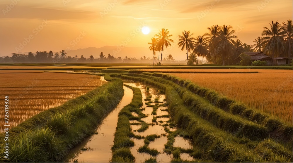 Fototapeta premium Rice fields, pathway, wedding backdrop, photography backdrop,