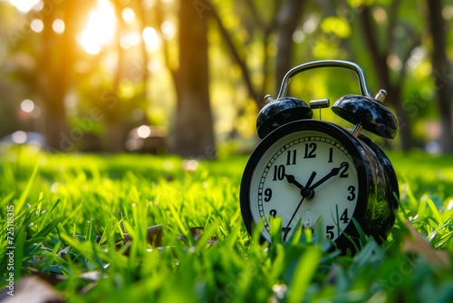 Black alarm clock on vibrant green grass with sunlight. Concept of changing time to summer time photo