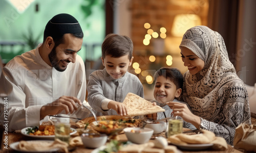 happy family from muslim family celebrating ramadan holy month together.