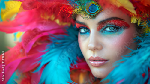 Beautiful carnival dancer close up portrait. Brazilian folk festival, costumes with colorful feathers, copy space.