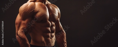 Portrait of strong healthy handsome Athletic Muscular Man Fitness Model posing near dark gray wall, copy space.