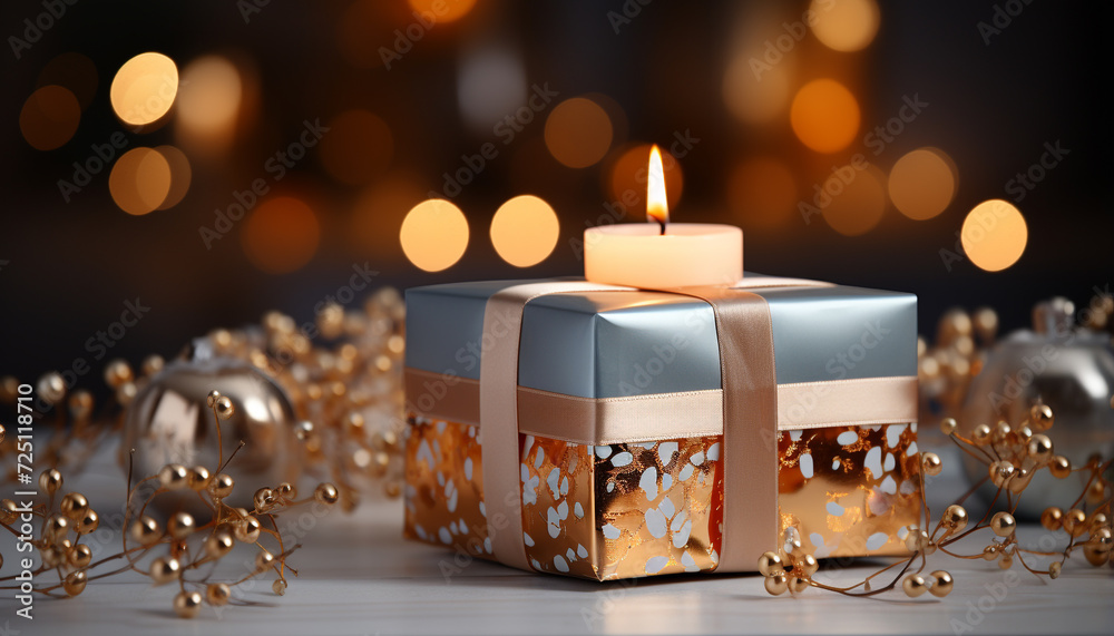 Glowing candle illuminates gift box, celebrating Christmas with joy generated by AI