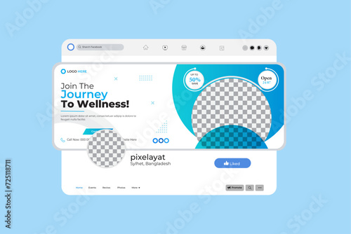 Sale facebook cover mockup page timeline web ad banner template with photo place modern layout white background and orange shape and text design.