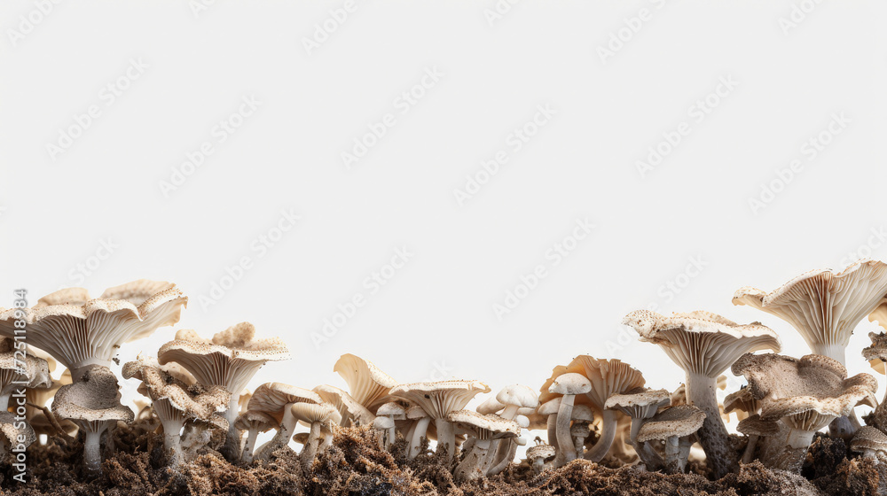 A dense cluster of mushrooms spreading across the soil. A dense cluster of mushrooms spreading across the soil.