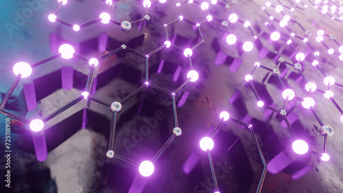 3d rendering of minimalist yet complex representation of a network system with multiple connection lines, metallic spheres, purple lights placed on a reflective wet surface with soft focus background