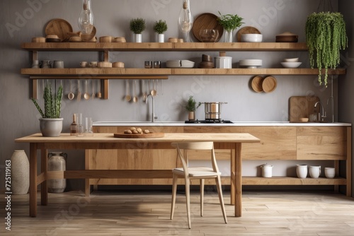 A contemporary kitchen including wooden shelving