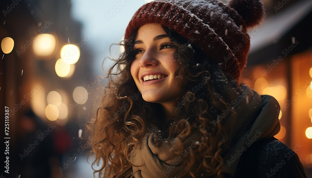 Fototapeta premium Smiling young woman in winter, outdoors, radiating happiness and cheerfulness generated by AI