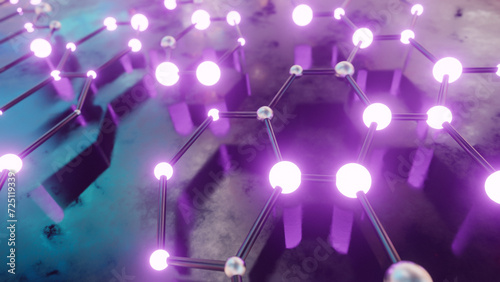 3d rendering of minimalist yet complex representation of a network system with multiple connection lines, metallic spheres, purple lights placed on a reflective wet surface with soft focus background