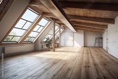 Interior of an empty attic room with white walls, a hardwood floor, and a pitched ceiling with lots of windows. place a copy