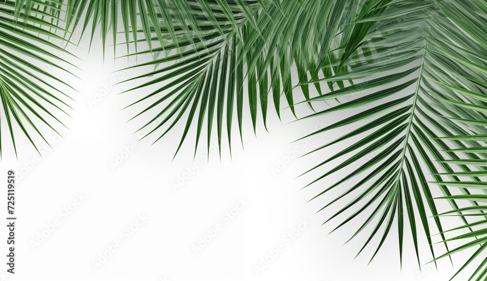 Tropical palm leaves against a white background, evoking a serene and exotic ambiance.