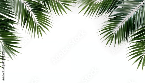 Vibrant palm leaves on a white backdrop  showcasing the lushness of a tropical paradise.