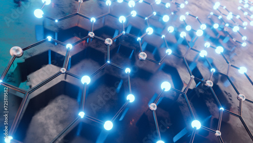 3d rendering of a minimalist yet complex representation of a network system with multiple connection lines, metallic spheres, cold lights placed on a reflective wet surface with soft focus background