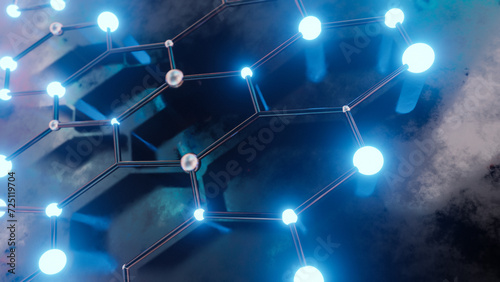 3d rendering of a minimalist yet complex representation of a network system with multiple connection lines, metallic spheres, cold lights placed on a reflective wet surface with soft focus background