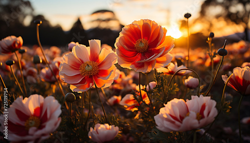 Sunset meadow, vibrant flowers bloom in nature generated by AI © Jemastock