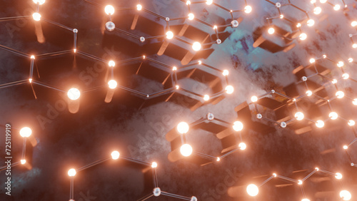 3d rendering of a minimalist yet complex representation of a network system with multiple connection lines, metallic spheres, warm lights placed on a reflective wet surface with soft focus background