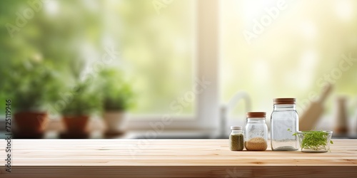 Blur kitchen window background with wood table top - ideal for display or montage of products (or foods).