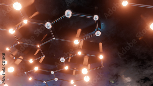 3d rendering of a minimalist yet complex representation of a network system with multiple connection lines, metallic spheres, warm lights placed on a reflective wet surface with soft focus background