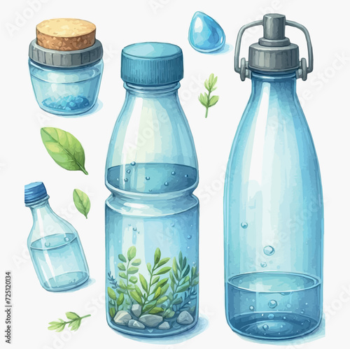 Set of water bottles with leaves. Vector illustration in cartoon style.