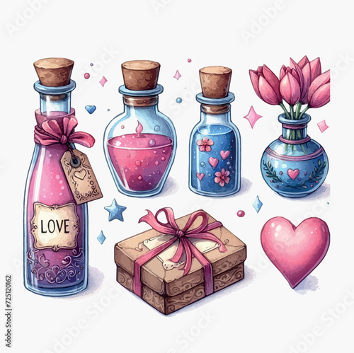 Valentine's day card with bottle of love potion, heart and flowers